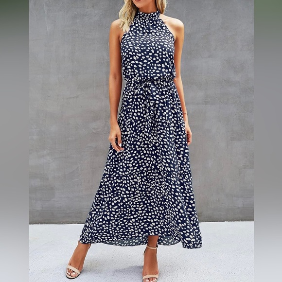 PrettyGarden Dresses & Skirts - Navy Dotted Halter Maxi Dress
